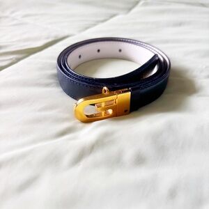 Vintage 1970's GUCCI Dark Navy Blue Leather Gold G Buckle Belt 36”